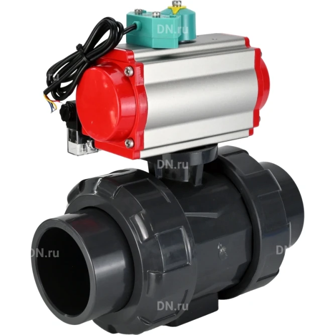 Кран шаровой BV4242E-FP-GRM-ISO Дн15 Ру10 полнопроходной, корпус - НПВХ, шар - НПВХ, уплотнение - EPDM, с пневмоприводом PA-DA-052, пневмораспределителем 4M310-08 DC24V и магнитным переключателем ALS200D в Омске