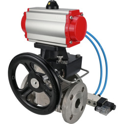 Кран шаровой BV3232P(4pc)-FP-3WL-F Ду15 Ру16 полнопроходной трехходовой, фланцевый, корпус - нержавеющая сталь SS316, с пневмоприводом PA-DA-052 двойного действия, пневмораспределителем 4V320-10 AC220V и ручным дублером MON1-250-T26-ISO