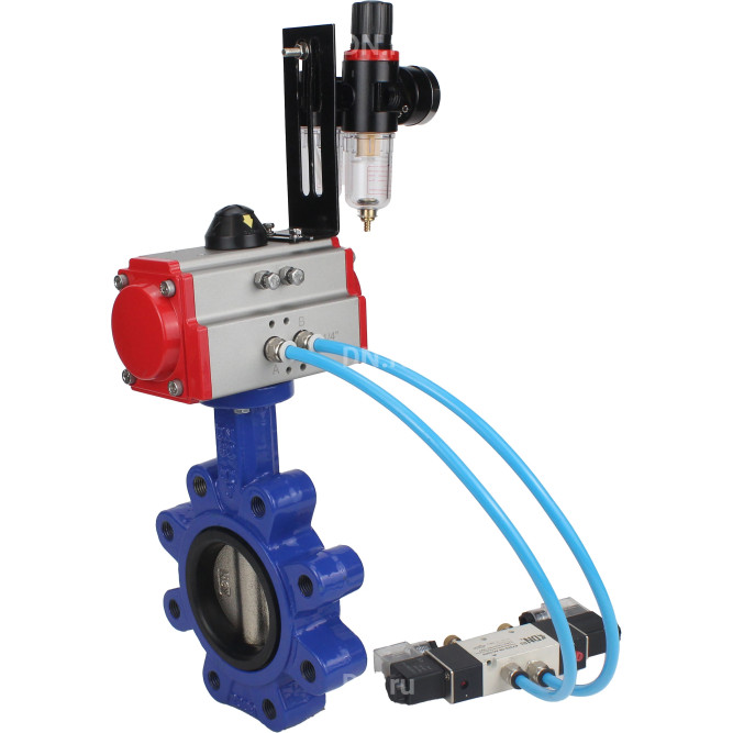 Затвор дисковый поворотный WBV1616N-2W-Fb-H Ду100 Ру16 LUG корпус - чугун QT450, диск - чугун QT450, уплотнение - NBR, с пневмоприводом PA-DA-083, пневмораспределителем 4V320-08 AC220V и БПВ AFC2000 в Омске
