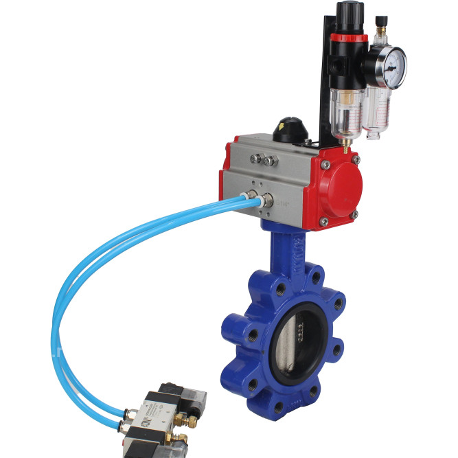 Затвор дисковый поворотный WBV1616N-2W-Fb-H Ду100 Ру16 LUG корпус - чугун QT450, диск - чугун QT450, уплотнение - NBR, с пневмоприводом PA-DA-083, пневмораспределителем 4V320-08 AC220V и БПВ AFC2000 в Омске