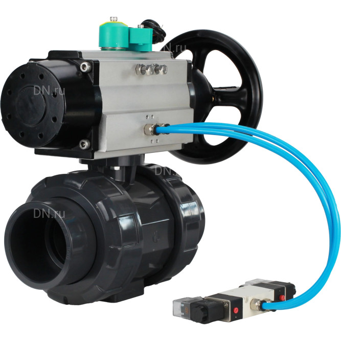 Кран шаровой BV4242E-FP-GRM-ISO Дн40 Ру10 полнопроходной, корпус - НПВХ, шар - НПВХ, уплотнение - EPDM, с пневмоприводом PA-DA-105-1, пневмораспределителем 4V320-10 AC220V и магнитным переключателем ALS200D в Омске