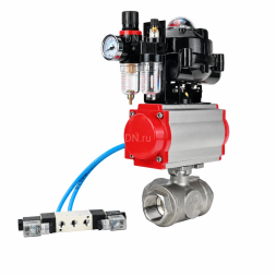Кран шаровой BV3232P(4pc)-SP-3WL-T-ISO-H WDVF Ду40 Ру63 стандартнопроходной, 3-ходовой L-тип, внутренняя резьба, нержавеющая сталь AISI 316, PTFE, с пневмоприводом PA-SA-130, пневмораспределителем 4V320-08 AC220V, БКВ APL-510N EX и БПВ AFC2000