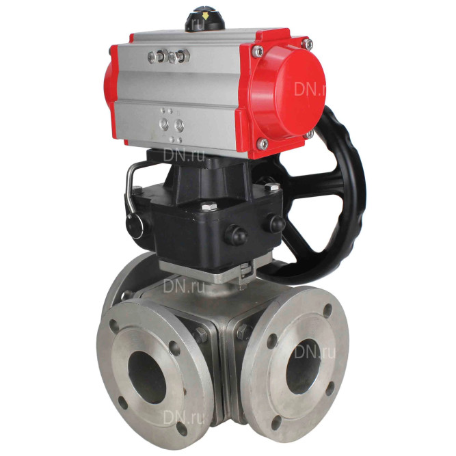 Кран шаровой BV3232P(4pc)-FP-3WL-F Ду15 Ру16 полнопроходной трехходовой, фланцевый, корпус - нержавеющая сталь SS316, с пневмоприводом PA-DA-052 двойного действия и ручным дублером MON1-250-T26-ISO в Омске
