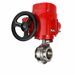 Затвор дисковый поворотный WBV3131S-2W-C-H Ду80 Ру10 кламповый, корпус - пищевая нержавеющая сталь 304, уплотнение - Silicon, с электроприводом QT-EX-005M-O2-220VAC-У1 с моментной муфтой и штурвалом