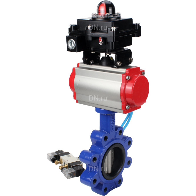 Затвор дисковый поворотный WBV1631E-2W-Fb-H Ду100 Ру16 LUG корпус - чугун QT450, диск - нержавеющая сталь 304, уплотнение - EPDM, с пневмоприводом PA-DA-083, пневмораспределителем 4V320-10 AC220V и БКВ APL-410N EX в Омске