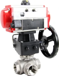 Кран шаровой BV3232P(4pc)-SP-3WL-T-ISO-H Ду50 Ру63 стандартнопроходной трехходовой L-тип, нерж. сталь SS316, внутренняя резьба, уплотнение - PTFE, пн.приводом PA-DA-065, пн.распределителем 4M310-08 AC220V и ручным дублером MON1-250-T26-ISO