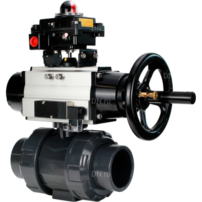 Кран шаровой BV4242E-FP-GRM-ISO Дн32 Ру10 полнопроходной, корпус - НПВХ, шар - НПВХ, уплотнение - EPDM, с пневмоприводом PA-DA-105-1, пневмораспределителем 4M310-08 AC220V и БКВ APL-410N EX в Омске