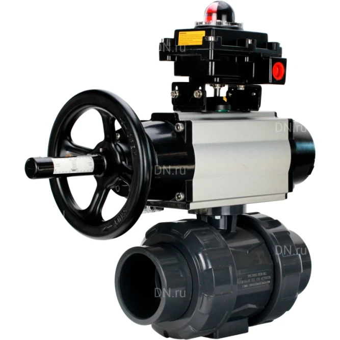 Кран шаровой BV4242E-FP-GRM-ISO Дн32 Ру10 полнопроходной, корпус - НПВХ, шар - НПВХ, уплотнение - EPDM, с пневмоприводом PA-DA-105-1, пневмораспределителем 4M310-08 AC220V и БКВ APL-410N EX в Омске