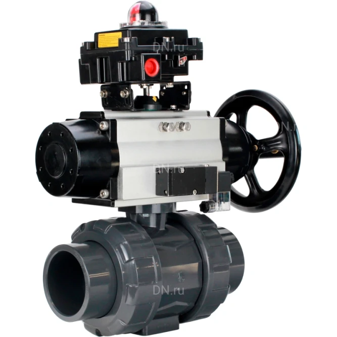 Кран шаровой BV4242E-FP-GRM-ISO Дн32 Ру10 полнопроходной, корпус - НПВХ, шар - НПВХ, уплотнение - EPDM, с пневмоприводом PA-DA-105-1, пневмораспределителем 4M310-08 AC220V и БКВ APL-410N EX в Омске