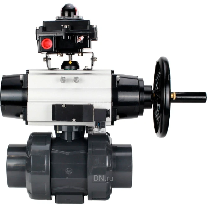 Кран шаровой BV4242E-FP-GRM-ISO Дн32 Ру10 полнопроходной, корпус - НПВХ, шар - НПВХ, уплотнение - EPDM, с пневмоприводом PA-DA-105-1, пневмораспределителем 4M310-08 AC220V и БКВ APL-410N EX в Омске