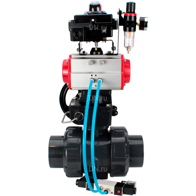 Кран шаровой BV4242E-FP-GRM-ISO Дн65 Ру10 полнопроходной, корпус - НПВХ, шар - НПВХ, уплотнение - EPDM, с пневмоприводом PA-DA-065, пневмораспределителем 4V320-08 AC220V, ручным дублером MON1-250-T26-ISO, БКВ APL-410N EX и БПВ AFC2000 в Омске