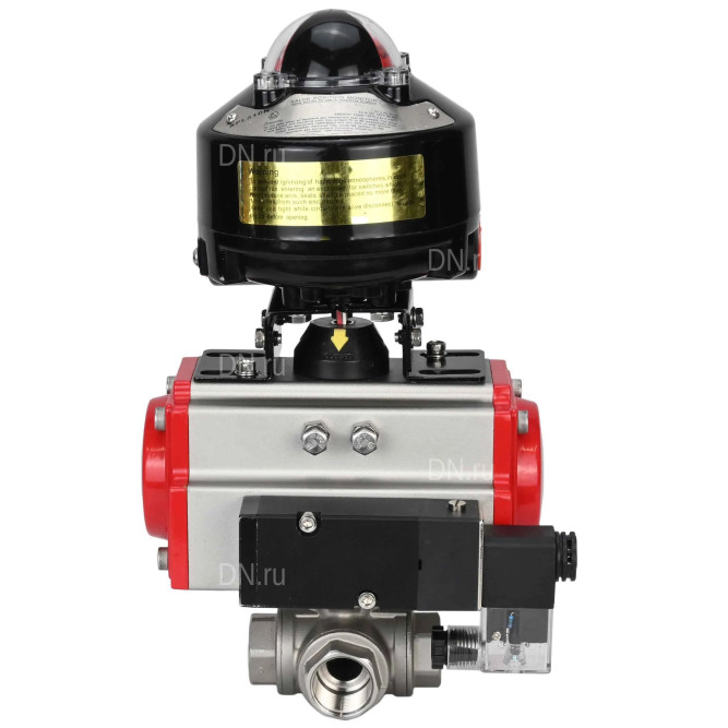 Кран шаровой BV3232P(4pc)-SP-3WL-T-ISO-H 3/8″ Ду10 Ру63 стандартнопроходной трехходовой L-тип, нержавеющая сталь SS316, внутренняя резьба, уплотнение - PTFE, с пн.приводом PA-SA-052 пн.распределителем 4M310-08 DC24V БКВ APL-510N-EX в Омске