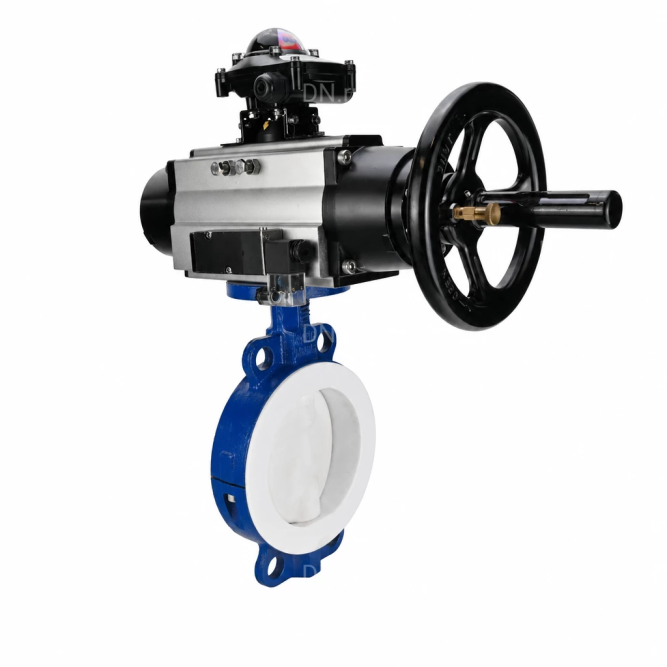Затвор дисковый поворотный WBV3434Pf-2W-Fb-R Ду200 Ру16, корпус - углеродистая сталь WCB, диск - углеродистая сталь WCB, футерованный PTFE, уплотнение - PTFE, с пневмоприводом PA-DA-105-1, пневмораспределителем 4M310-08 AC220V и БКВ APL-210N в Омске