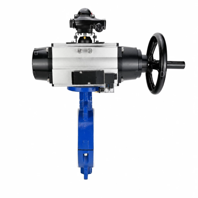 Затвор дисковый поворотный WBV3434Pf-2W-Fb-R Ду200 Ру16, корпус - углеродистая сталь WCB, диск - углеродистая сталь WCB, футерованный PTFE, уплотнение - PTFE, с пневмоприводом PA-DA-105-1, пневмораспределителем 4M310-08 AC220V и БКВ APL-210N в Омске
