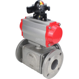 Кран шаровой BV3232P(4pc)-FP-3WL-F Ду15 Ру16 полнопроходной трехходовой, фланцевый, корпус - нержавеющая сталь SS316, с пневмоприводом PA-DA-052 двойного действия и БКВ APL-210N