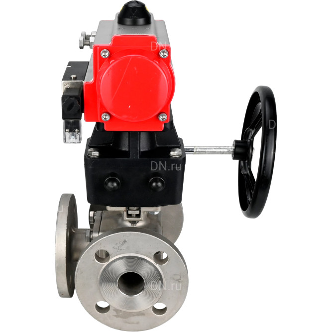 Кран шаровой BV3232P(4pc)-FP-3WL-F Ду65 Ру16 полнопроходной трехходовой, фланцевый, корпус - нержавеющая сталь SS316, с пневмоприводом PA-DA-083 двойного действия, пневмораспределителем 4M310-08 DC24V и ручным дублером MON2-450-T28-ISO в Омске