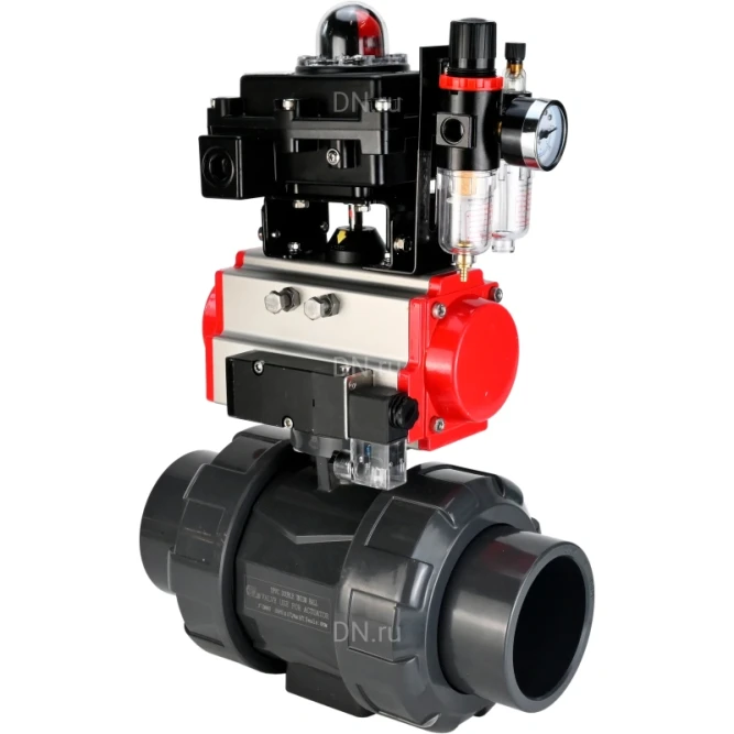 Кран шаровой BV4242E-FP-GRM-ISO Дн32 Ру10 полнопроходной, корпус - НПВХ, шар - НПВХ, уплотнение - EPDM, с пневмоприводом PA-SA-052, пневмораспределителем 4M310-08 DC24V, БКВ APL-410N EX и БПВ AFC2000 в Омске