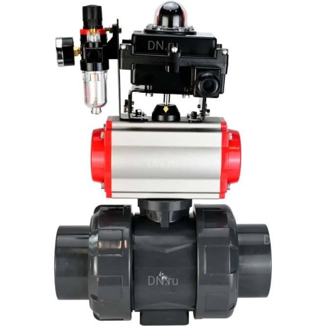 Кран шаровой BV4242E-FP-GRM-ISO Дн32 Ру10 полнопроходной, корпус - НПВХ, шар - НПВХ, уплотнение - EPDM, с пневмоприводом PA-SA-052, пневмораспределителем 4M310-08 DC24V, БКВ APL-410N EX и БПВ AFC2000 в Омске