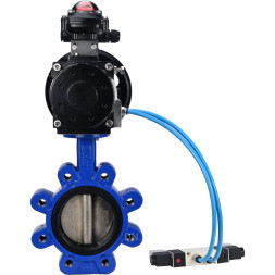 Затвор дисковый поворотный WBV1616N-2W-Fb-H Ду125 Ру16 LUG корпус - чугун QT450, диск - чугун QT450, уплотнение - NBR, с пневмоприводом PA-DA-105-1, пневмораспределителем 4V320-08 AC220V и БКВ APL-210N