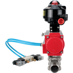 Кран шаровой BV3131P(3pc)-FP-W-ISO-H LONG Ду10 Ру63 полнопроходной, корпус - нержавеющая сталь 304, уплотнение - PTFE, под приварку, с пневмоприводом PA-SA-052, пневмораспределителем 4V320-08 AC220V и БКВ APL-510N EX