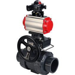 Кран шаровой BV4242E-FP-GRM-ISO Дн20 Ру10 полнопроходной, корпус - НПВХ, шар - НПВХ, уплотнение - EPDM, с пневмоприводом PA-DA-052, пневмораспределителем 4M310-08 DC24V, ручным дублером MON1-250-T26-ISO и БКВ APL-210N