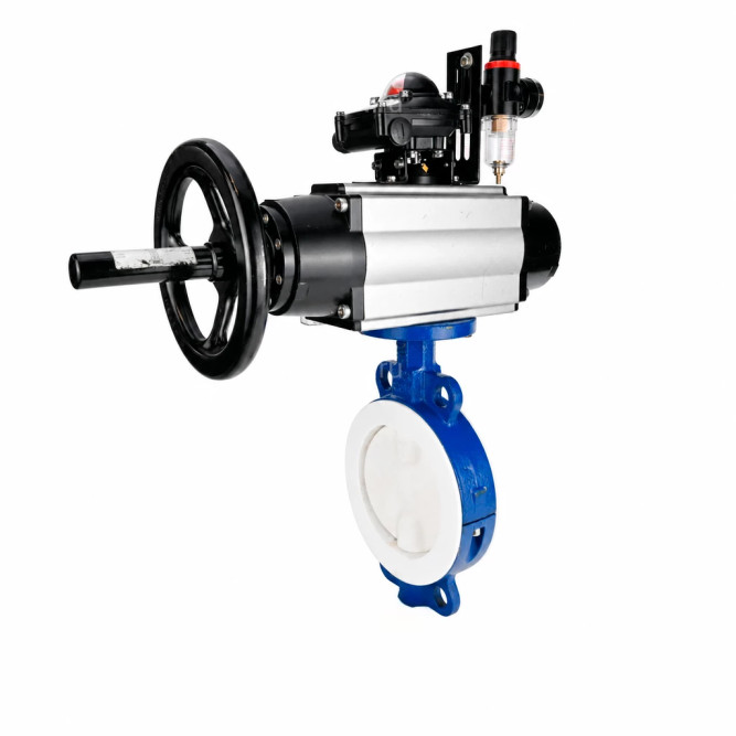 Затвор дисковый поворотный WBV3434Pf-2W-Fb-R Ду200 Ру16, корпус - угл. сталь WCB, диск - угл. сталь WCB, футерованный PTFE, уплотнение - PTFE, с пневмоприводом PA-DA-105-1, пневмораспределителем 4M310-08 AC220V, БКВ APL-210N и БПВ AFC2000 в Омске