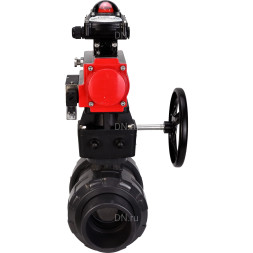 Кран шаровой BV4242E-FP-GRM-ISO Дн25 Ру10 полнопроходной, корпус - НПВХ, шар - НПВХ, уплотнение - EPDM, с пневмоприводом PA-DA-052, пневмораспределителем 4M310-08 DC24V, ручным дублером MON1-250-T26-ISO и БКВ APL-210N