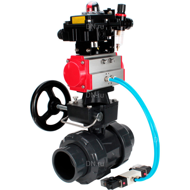 Кран шаровой BV4242E-FP-GRM-ISO Дн15 Ру10 полнопроходной, корпус - НПВХ, шар - НПВХ, уплотнение - EPDM, с пневмоприводом PA-DA-052, пневмораспределителем 4V320-10 AC220V, ручным дублером MON1-250-T26-ISO, БКВ APL-410N EX и БПВ AFC2000 в Омске
