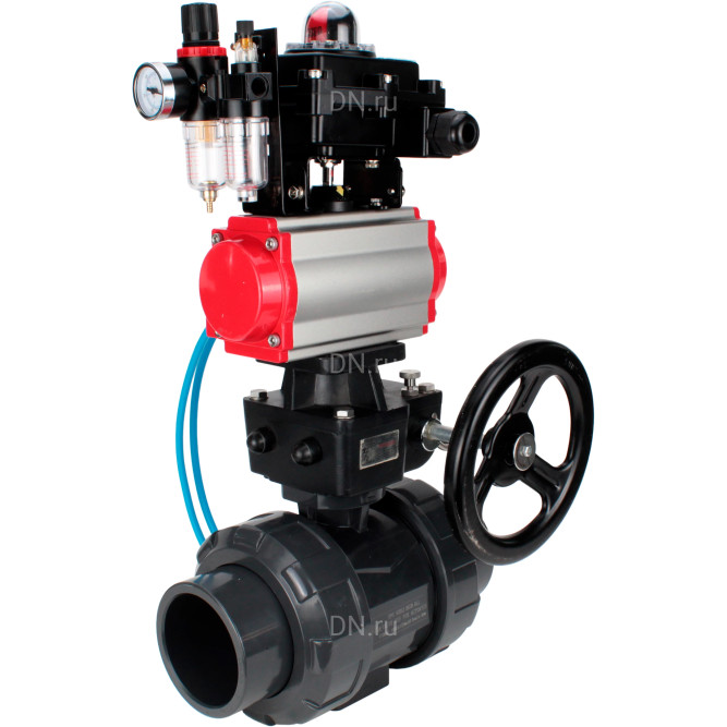 Кран шаровой BV4242E-FP-GRM-ISO Дн15 Ру10 полнопроходной, корпус - НПВХ, шар - НПВХ, уплотнение - EPDM, с пневмоприводом PA-DA-052, пневмораспределителем 4V320-10 AC220V, ручным дублером MON1-250-T26-ISO, БКВ APL-410N EX и БПВ AFC2000 в Омске
