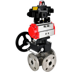 Кран шаровой BV3232P(4pc)-FP-3WL-F Ду20 Ру16 полнопроходной трехходовой, фланцевый, корпус - нержавеющая сталь SS316, с пневмоприводом PA-DA-052 двойного действия, БКВ APL-410N EX и ручным дублером MON1-250-T26-ISO