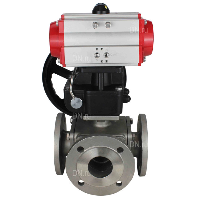 Кран шаровой BV3232P(4pc)-FP-3WL-F Ду65 Ру16 полнопроходной трехходовой, фланцевый, корпус - нержавеющая сталь SS316, с пневмоприводом PA-DA-083 двойного действия и ручным дублером MON2-450-T28-ISO в Омске