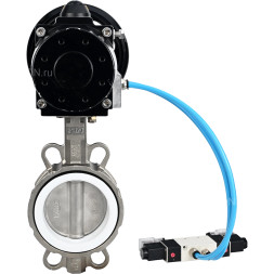 Затвор дисковый поворотный WBV3232P-2W-Fb-H Ду100 Ру16, корпус - нержавеющая сталь 316L, диск - нержавеющая сталь 316L, уплотнение - PTFE, с пневмоприводом PA-DA-105-1 двойного действия, с пневмораспределителем 4V320-08 AC220V