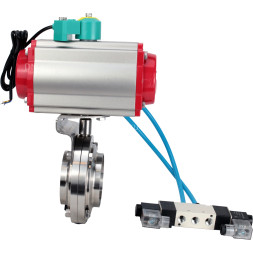 Затвор дисковый поворотный WBV3131S-2W-W-H Ду32 Ру10 под приварку, пищевая нержавеющая сталь 304, уплотнение - Silicon, с пневмоприводом PA-DA-052, пневмораспределителем 4V320-10 AC220V и магнитным переключателем ALS200D