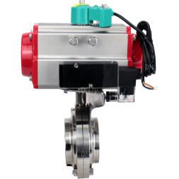 Затвор дисковый поворотный WBV3131S-2W-W-H Ду32 Ру10 под приварку, пищевая нержавеющая сталь 304, уплотнение - Silicon, с пневмоприводом PA-DA-052, пневмораспределителем 4V320-10 AC220V и магнитным переключателем ALS200D