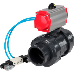 Кран шаровой BV4242E-FP-GRM-ISO Дн100 Ру10 полнопроходной, корпус - НПВХ, шар - НПВХ, уплотнение - EPDM, с пневмоприводом PA-DA-065 и пневмораспределителем 4V320-08 AC220V