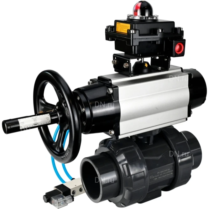 Кран шаровой BV4242E-FP-GRM-ISO Дн20 Ру10 полнопроходной, корпус - НПВХ, шар - НПВХ, уплотнение - EPDM, с пневмоприводом PA-DA-105-1, пневмораспределителем 4V320-10 AC220V и БКВ APL-410N EX в Омске