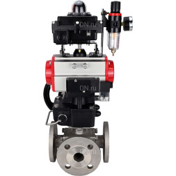 Кран шаровой BV3232P(4pc)-FP-3WL-F Ду20 Ру16 полнопроходной трехходовой, фланцевый, корпус - нержавеющая сталь SS316, пневмопривод PA-DA-052, пневмораспределитель 4M310-08 AC220V, БКВ APL-410N EX, ручной дублер MON1-250-T26-ISO и БПВ AFC2000