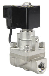 Клапан электромагнитный на высокое давление VS931-PT-NC-220VAC 1 1/4″ Ду32 Ру6-80 соленоидный двухходовой поршневой, корпус - нержавеющая сталь 304, уплотнение - PTFE, резьбовой, пилотного действия, нормально закрытый, катушка - 220В
