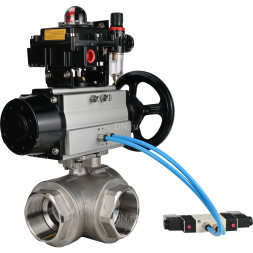 Кран шаровой BV3232P(4pc)-SP-3WL-T-ISO-H Ду80 Ру40, стандартнопроходной, четырехсоставной, нержавеющая сталь 316, PTFE, внутренняя резьба, с пневмоприводом PA-DA-105-1, пневмораспределителем 4V320-08 AC220V, БКВ APL-410N Ex, БПВ AFC2000