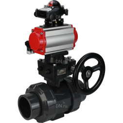 Кран шаровой BV4242E-FP-GRM-ISO Дн40 Ру10 полнопроходной, корпус - НПВХ, шар - НПВХ, уплотнение - EPDM, с пневмоприводом PA-DA-052, пневмораспределителем 4M310-08 DC24V, ручным дублером MON1-250-T26-ISO и БКВ APL-210N