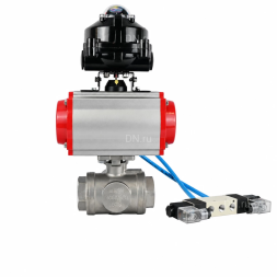 Кран шаровой BV3232P(4pc)-SP-3WL-T-ISO-H WDVF Ду65 Ру40 стандартнопроходной, 3-ходовой L-тип, внутренняя резьба, нержавеющая сталь AISI 316, PTFE, с пневмоприводом PA-DA-105, пневмораспределителем 4V320-08 AC220V и БКВ APL-510N EX