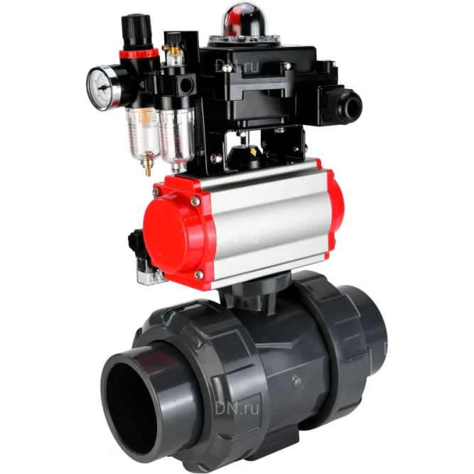 Кран шаровой BV4242E-FP-GRM-ISO Дн80 Ру10 полнопроходной, корпус - НПВХ, шар - НПВХ, уплотнение - EPDM, с пневмоприводом PA-SA-065, пневмораспределителем 4M310-08 DC24V, БКВ APL-410N EX и БПВ AFC2000 в Омске