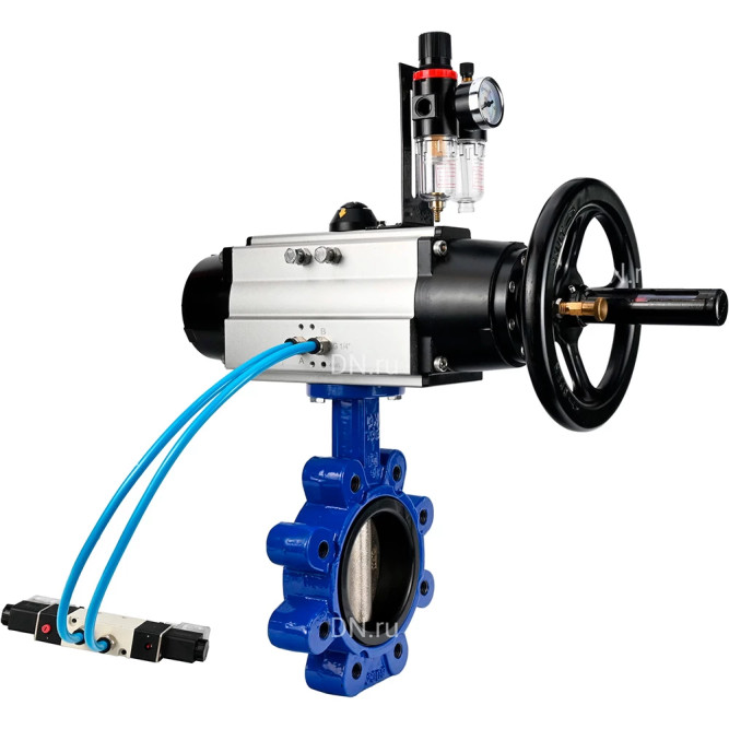 Затвор дисковый поворотный WBV1616E-2W-Fb-H Ду125 Ру16 LUG, корпус - чугун QT450, диск - чугун QT450, уплотнение - EPDM, с пневмоприводом PA-DA-105-1, пневмораспределителем 4M320-08 AC220V и БПВ AFC2000 в Омске