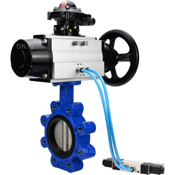 Затвор дисковый поворотный WBV1631N-2W-Fb-H Ду125 Ру16 LUG корпус - чугун QT450, диск - нержавеющая сталь 304, уплотнение - NBR, с пневмоприводом PA-DA-105-1, пневмораспределителем 4V320-08 AC220V и БКВ APL-210N в Омске