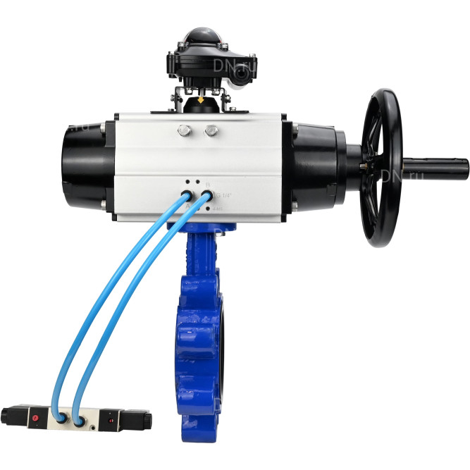 Затвор дисковый поворотный WBV1631N-2W-Fb-H Ду125 Ру16 LUG корпус - чугун QT450, диск - нержавеющая сталь 304, уплотнение - NBR, с пневмоприводом PA-DA-105-1, пневмораспределителем 4V320-08 AC220V и БКВ APL-210N в Омске