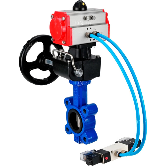 Затвор дисковый поворотный WBV1631E-2W-Fb-H Ду80 Ру16 LUG, корпус - чугун QT450, диск - нержавеющая сталь 304, уплотнение - EPDM, с пневмоприводом PA-DA-083, пневмораспределителем 4M320-10 AC220V и ручным дублером MON2-450-T28-ISO в Омске