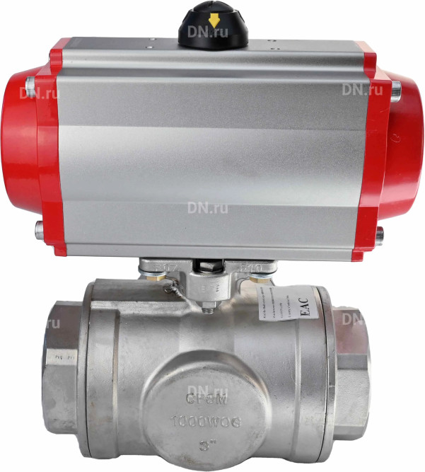 Кран шаровой BV3232P(4pc)-SP-3WL-T-ISO-H Ду65 Ру40 стандартнопроходной L-тип, трехходовой, нержавеющая сталь SS316, внутренняя резьба, уплотнение - PTFE, с пневмоприводом PA-SA-105 с возвратными пружинами в Омске
