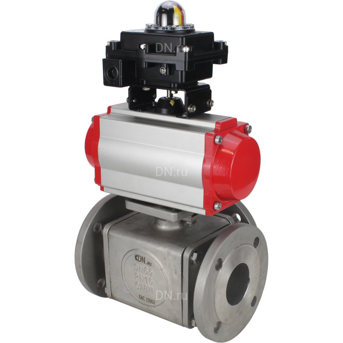 Кран шаровой BV3232P(4pc)-FP-3WL-F Ду20 Ру16 полнопроходной трехходовой, фланцевый, корпус - нержавеющая сталь SS316, с пневмоприводом PA-SA-065 с возвратными пружинами, пневмораспределителем 4M310-08 DC24V и БКВ APL-410N EX в Омске