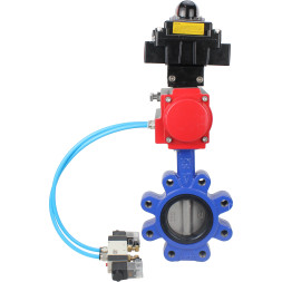 Затвор дисковый поворотный WBV1631N-2W-Fb-H Ду125 Ру16 LUG корпус - чугун QT450, диск - нержавеющая сталь 304, уплотнение - NBR, с пневмоприводом PA-DA-105, пневмораспределителем 4V320-10 AC220V и БКВ APL-410N EX