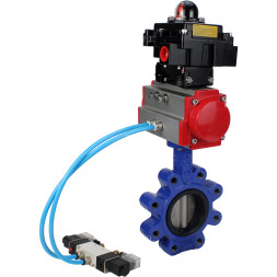Затвор дисковый поворотный WBV1631N-2W-Fb-H Ду125 Ру16 LUG корпус - чугун QT450, диск - нержавеющая сталь 304, уплотнение - NBR, с пневмоприводом PA-DA-105, пневмораспределителем 4V320-10 AC220V и БКВ APL-410N EX